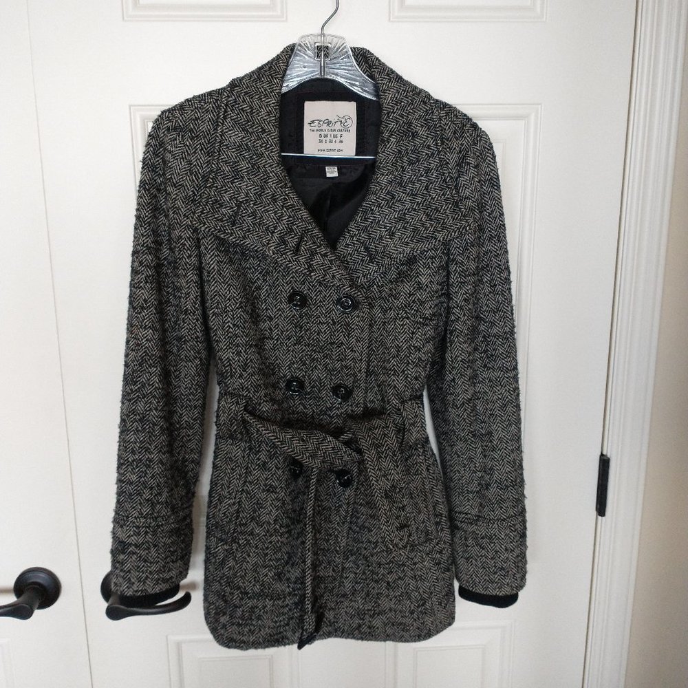 Women Esprit size 4 wool blend double breasted jacket, black/white tweed pattern